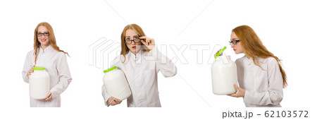 Young female doctor holding jar of protein isolated on white Young female doctor holding jar of protein isolated on white 62103572
