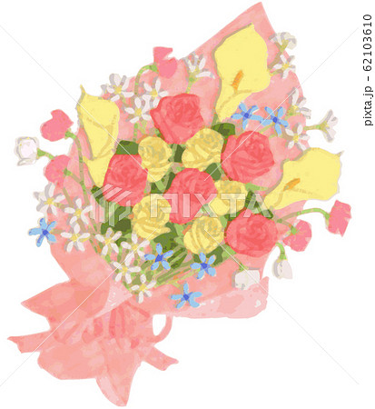バラとカラーリリー スイートピー ブルースターの花束のイラスト素材
