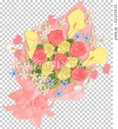 バラとカラーリリー スイートピー ブルースターの花束のイラスト素材