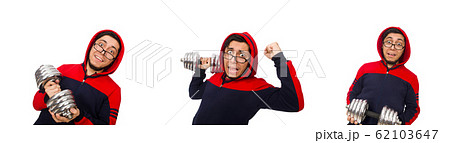 Young man with dumbbells isolated on white 62103647
