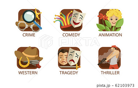 Cinema Genres Set, Crime, Comedy, Animation, Western, Tragedy, Thriller, Cinematography, Movie Production Sign Vector Illustration 62103973