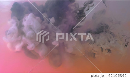 Multicolored ink composition in water. Black and white ink streams float and mix in the center of the composition. Colorful abstract combination of acrylic ink. Abstract swirls on a red-pink 62106342
