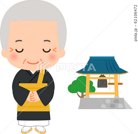 日本のお坊さんとお寺の鐘のイラスト素材