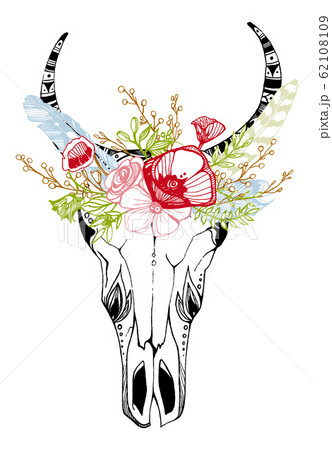 Cow, buffalo, bull skull in tribal style with flowers. Bohemian, boho vector illustration. Wild and free ethnic gypsy symbol. 62108109