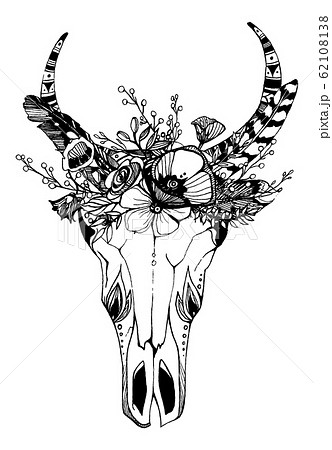 Cow, buffalo, bull skull in tribal style with flowers. Bohemian, boho vector illustration. Wild and free ethnic gypsy symbol. 62108138