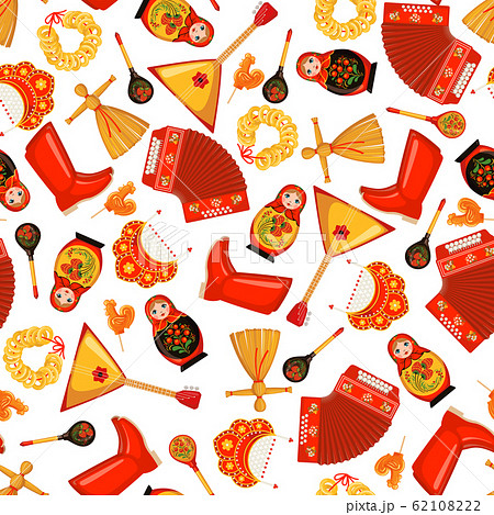 Maslenitsa or Shrovetide vector seamless pattern in flat style isolated on white background. Maslenitsa or Shrovetide vector seamless pattern in flat style isolated on white background. 62108222