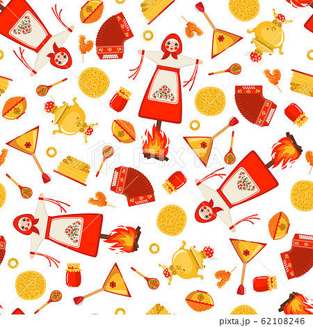 Maslenitsa or Shrovetide vector seamless pattern in flat style isolated on white background. Maslenitsa or Shrovetide vector seamless pattern in flat style isolated on white background. 62108246
