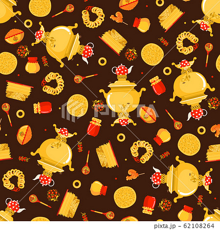 Maslenitsa or Shrovetide vector seamless pattern in flat style on brown background. 62108264