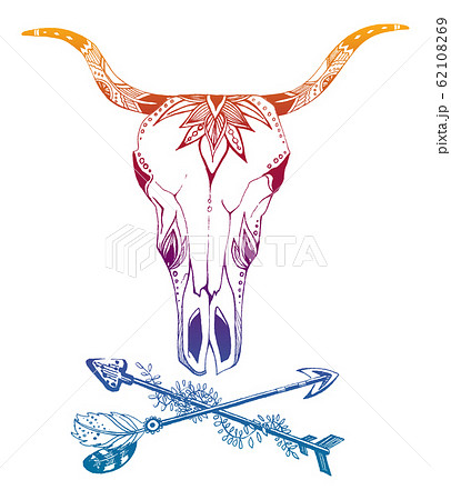 Cow, buffalo, bull skull in tribal style with flowers. Bohemian, boho vector illustration. Wild and free ethnic gypsy symbol. Cow, buffalo, bull skull in tribal style with flowers. Bohemian, boho vector illustration. Wild and free ethnic gypsy symbol. 62108269
