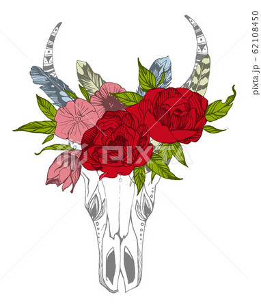 Cow, buffalo, bull skull in tribal style with flowers. Bohemian, boho vector illustration. Wild and free ethnic gypsy symbol. 62108450