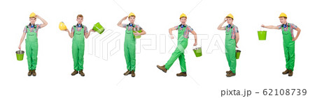 Funny painter with bucket isolated on white Funny painter with bucket isolated on white 62108739