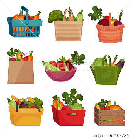Vegetables Rested in Wooden and Plastic Baskets and Paper Bags Vector Set 62108784