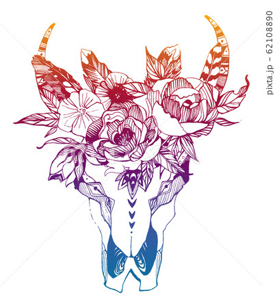 Cow, buffalo, bull skull in tribal style with flowers. Bohemian, boho vector illustration. Wild and free ethnic gypsy symbol. Cow, buffalo, bull skull in tribal style with flowers. Bohemian, boho vector illustration. Wild and free ethnic gypsy symbol. 62108890