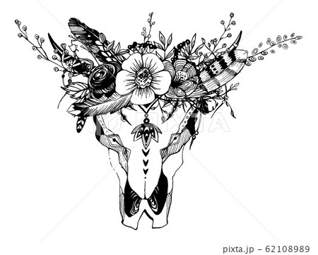 Cow, buffalo, bull skull in tribal style with flowers. Bohemian, boho vector illustration. Wild and free ethnic gypsy symbol. 62108989