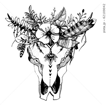 Cow, buffalo, bull skull in tribal style with flowers. Bohemian, boho vector illustration. Wild and free ethnic gypsy symbol. 62109042