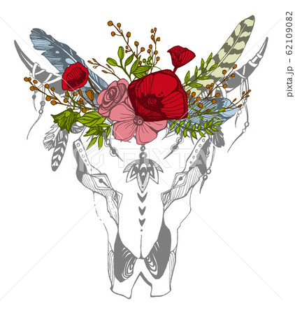 Cow, buffalo, bull skull in tribal style with flowers. Bohemian, boho vector illustration. Wild and free ethnic gypsy symbol. Cow, buffalo, bull skull in tribal style with flowers. Bohemian, boho vector illustration. Wild and free ethnic gypsy symbol. 62109082