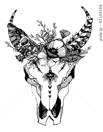 Cow, buffalo, bull skull in tribal style with flowers. Bohemian, boho vector illustration. Wild and free ethnic gypsy symbol. 62109168