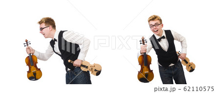 Funny man with violin on white Funny man with violin on white 62110575