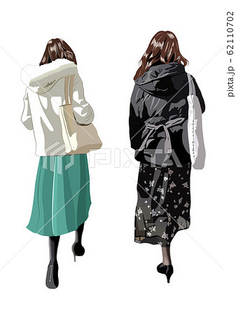 冬の都会を歩く二人の若い女性の後ろ姿のイラスト素材