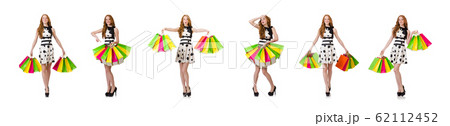 Young woman with shopping bags on white Young woman with shopping bags on white 62112452