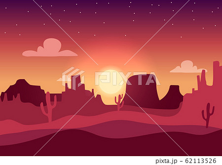 Desert sunset silhouette landscape. Arizona or Mexico western cartoon background with wild cactus 62113526