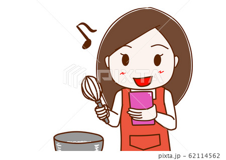 スマホでレシピを調べながら料理する女性のイラスト素材