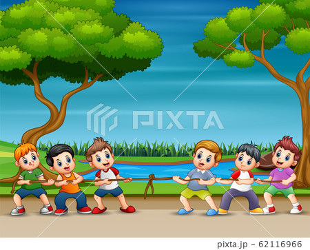 Cartoon childrens playing tug of war in the park 62116966