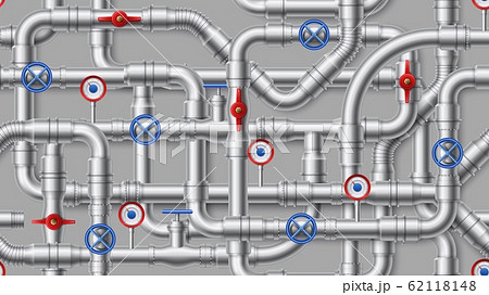Industrial pipeline pattern. Steel water pipes, metal pipe with valve seamless vector background illustration 62118148