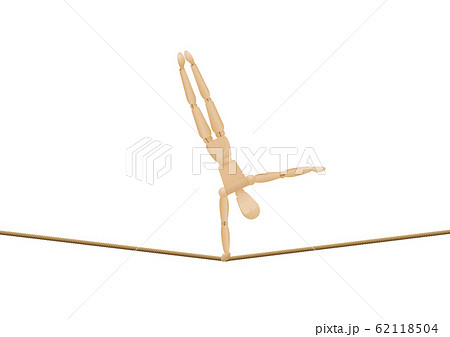 Tightrope walker making handstand with one hand. Balancing athletic wooden mannequin, lay figure, on a long rope. Isolated vector illustration on white background. 62118504