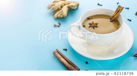 Traditional indian masala chai tea in white cup with spiced. With copy space. 62118736