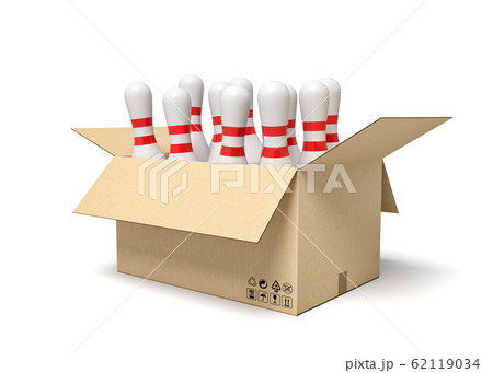 3d rendering of white bowling pins in carton box. 62119034