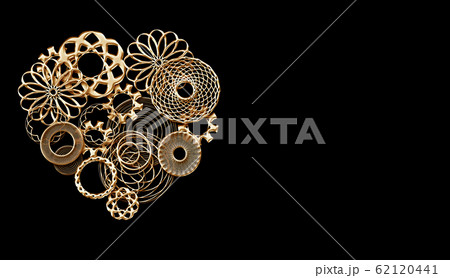 3d render golden heart made of gears and small spare parts on black background wirh copyspace 3d render golden heart made of gears and small spare parts on black background wirh copyspace 62120441