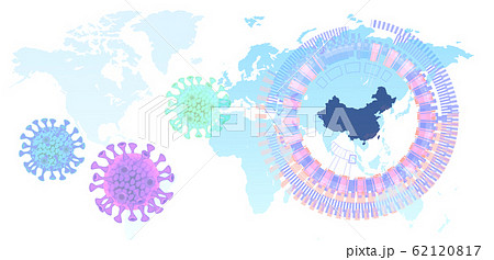 コロナウイルスと世界地図と中国のイラスト素材