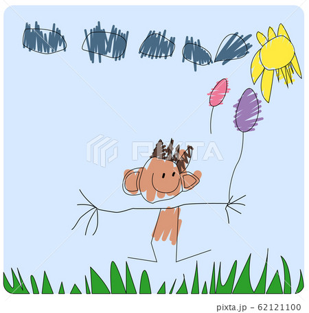 Child's drawing of a boy who holds balloons 62121100