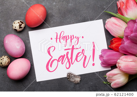 Easter greeting card with eggs and tulips Easter greeting card with eggs and tulips 62121400