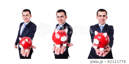 Man with piggybank isolated on white Man with piggybank isolated on white 62121778
