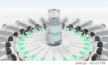 Vial with varicella vaccine and syringes. Conceptual medical 3D rendering Vial with varicella vaccine and syringes. Conceptual medical 3D rendering 62121798