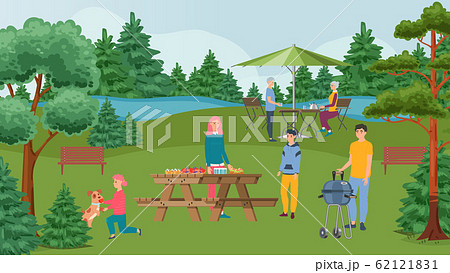 Happy family barbecue party, bbq and people on picnic with grilled food in nature vector illustration. Happy family barbecue party, bbq and people on picnic with grilled food in nature vector illustration. 62121831