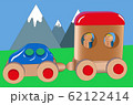 Children's car with a trailer and passengers. Weekend trip to the mountains in the countryside, travel, vector 62122414