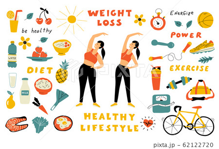 Weight loss, healthy food, cute doodle set with lettering. Cartoon woman before and after diet. 62122720