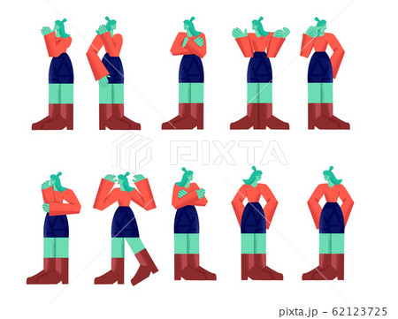 Female character showing person emotion and poses big limbs style isolated on white background 62123725