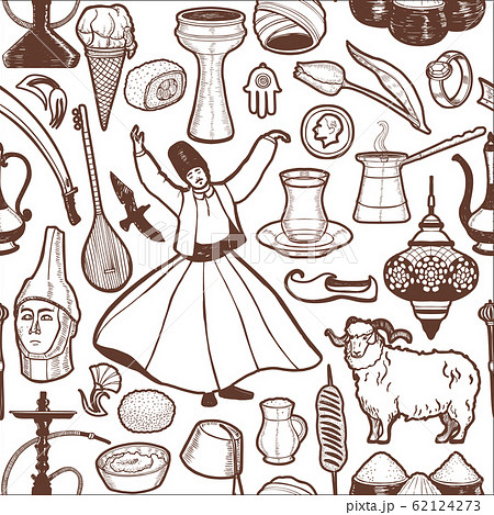 Dark Turkish Symbols Pattern in Hand Drawn Style 62124273