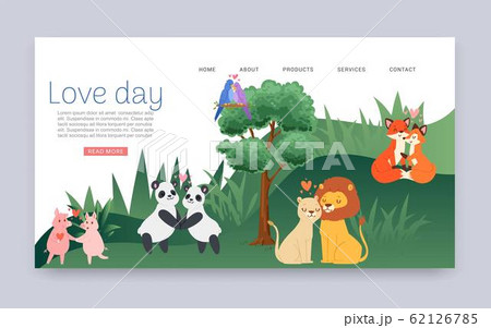Couples in love cartoon animal lovers characters panda, lions, foxes and pigs on loving date on Valentines day loved vector illustration. 62126785