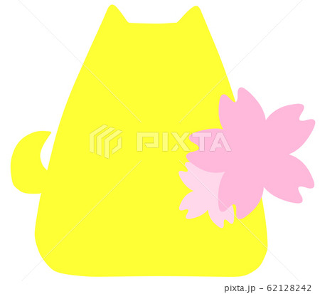 座るポメラニアンのシルエット桜 濃い黄色 のイラスト素材