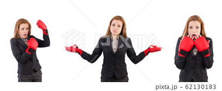 Woman businesswoman with boxing gloves on white Woman businesswoman with boxing gloves on white 62130183