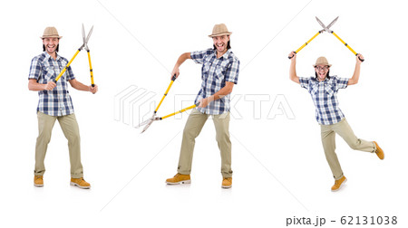 Funny guy with garden shears on white Funny guy with garden shears on white 62131038