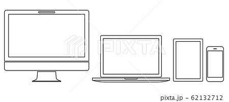 デスクトップとノートパソコンとスマホとタブレット 線画のイラスト素材