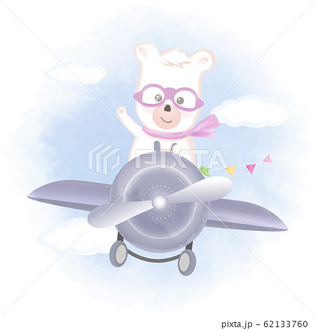 Cute bear flying on airplane hand drawn animal illustration 62133760