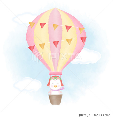 Cute penguin floating on hot air balloon illustration 62133762