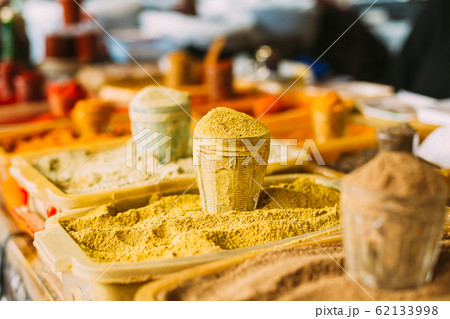 Wide Range Of Multicolored Powdered Fragrant Spices At Showcase Of Market, Bazar. 62133998